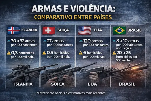 🌍 Islândia, Brasil, Estados Unidos e Suíça: o que os dados mostram sobre armas e violência